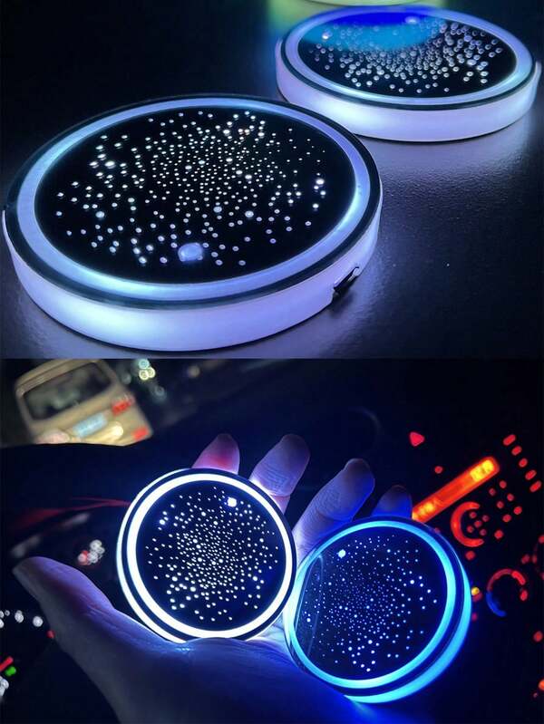 2pcs Car LED Luminous Cup Holder Pad, 7-Color Changing USB Charging Slip-Resistant Cup Mat, Car Atmosphere Light