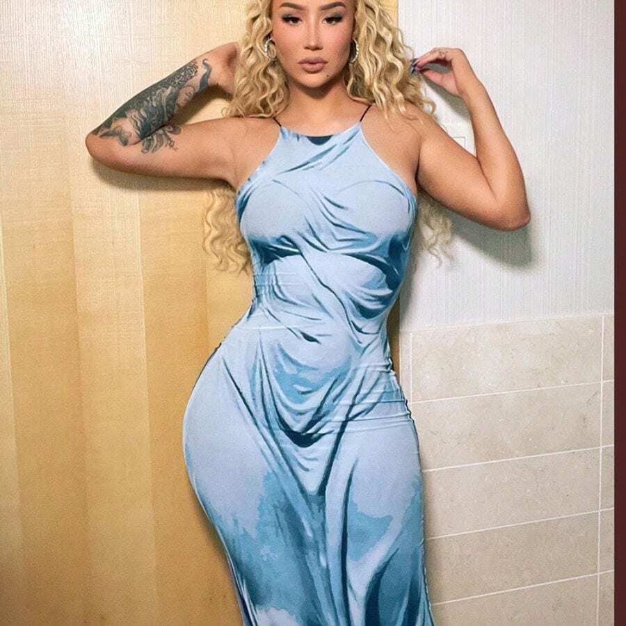 Avant-Garde "Wet Look" Body Print Slip Dress - Fashion-Forward Figure-Hugging Gown - Xanh đậm - Xem 1
