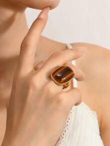 1 件复古优雅不锈钢几何猫眼天然石戒指，适合男女，日常、节日、度假、旅行、婚礼、订婚、约会、配饰 - 彩色 - 查看 7