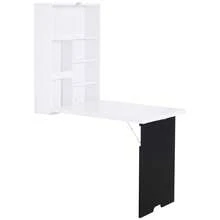 HOMCOM Folding Wall-Mounted Drop-Leaf Table, Convertible Wall Table With Chalkboard And Storage Shelf, Multifunctional Floating Desk For Home Office, White - Black and White - View 1