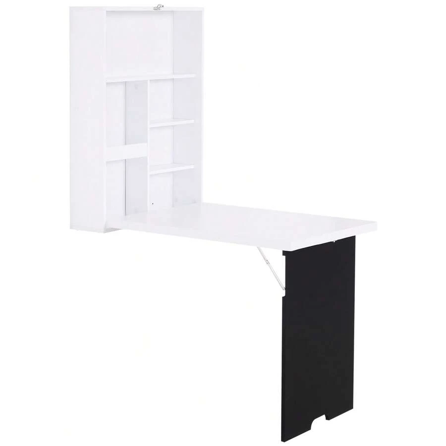 HOMCOM Folding Wall-Mounted Drop-Leaf Table, Convertible Wall Table With Chalkboard And Storage Shelf, Multifunctional Floating Desk For Home Office, White - Black and White - View 1