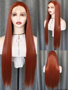 13x4 红棕色和黑色 24 英寸天然直发合成蕾丝前假发，高品质耐热纤维，全套假发适合日常佩戴