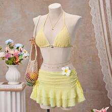 Bellisia Swim Vcay 2pcs Women Sexy Lace Trim Jacquard Triangle Bikini Set, Simple Strap Tie Up Halter Yellow Bikini Set With Gold Shell Decor