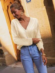 Cárdigan de punto casual de manga larga con cuello en V, hombros caídos y un solo botonadura, de estilo hueco, para otoño