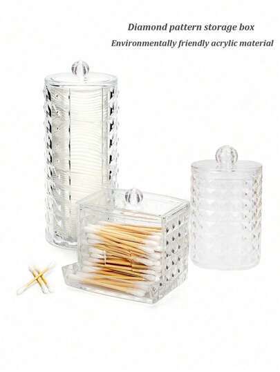 新款透明钻石纹清洁棉签竹盖收纳盒，便携式方形、圆形、加长U型组合化妆棉签、牙签、粉扑、口红、化妆棉收纳盒袋、首饰盒、小袋、化妆刷架、刷子架、香水收纳袋