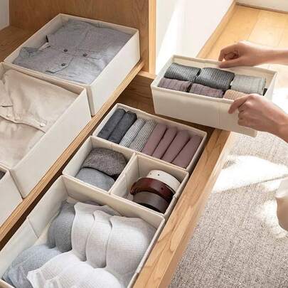6/3/1 Pcs Set Fabric Underwear Storage Box, Suitable For Storing Bras, Socks, Shirts, Ties, Etc. Applicable For Wardrobe, Drawers, Bedroom, Multi-Functional Storage Box, Household Essential, Christmas Gift (Edge Color In White Or Beige, Random Delivery)