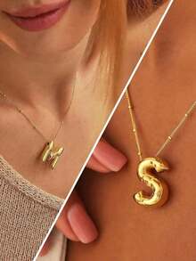 Couple's Gold Bubble Letter Initial Pendant Necklace - 26 Letters Fashion Matching Daily Jewelry For Men Women