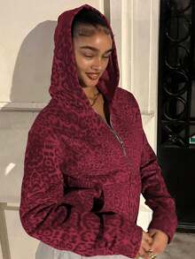 女士Y2K高街袋鼠口袋卫衣，女士豹纹长袖外套 - 玫紅色 - 查看 3