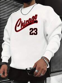Long-Sleeved Casual Chicago Print Men's Pullover Sweatshirt, Suitable For Sports And Everyday Wear, Basic Street Style Crew Neck Sweater, Washed And Distressed Cotton Men's Printed Sweatshirt. - 白色 - 查看 1