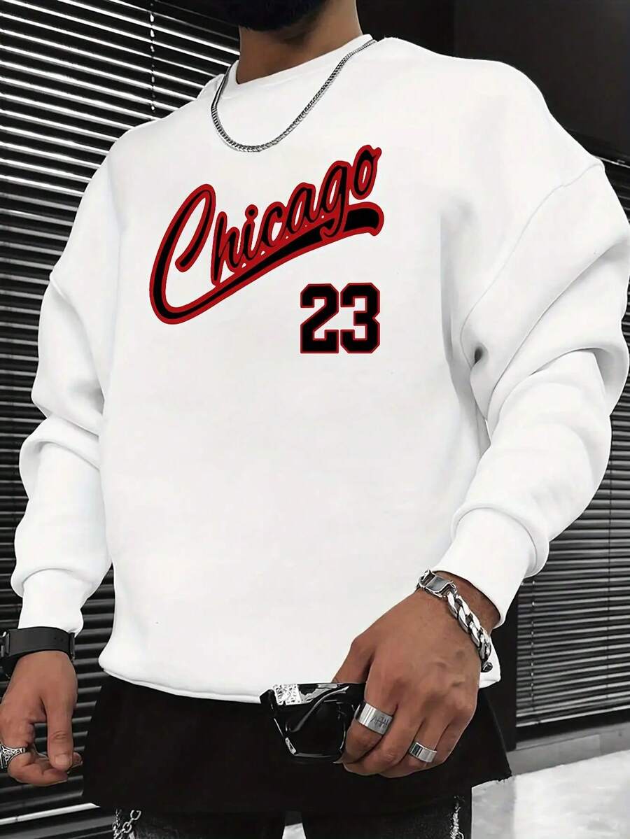 Long-Sleeved Casual Chicago Print Men's Pullover Sweatshirt, Suitable For Sports And Everyday Wear, Basic Street Style Crew Neck Sweater, Washed And Distressed Cotton Men's Printed Sweatshirt. - 白色 - 查看 1
