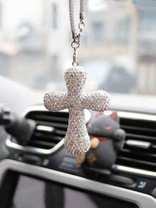 1pc Car Interior Pendant Rhinestone Cross Car Interior Rearview Mirror Decoration Car Interior Decoration Accessories