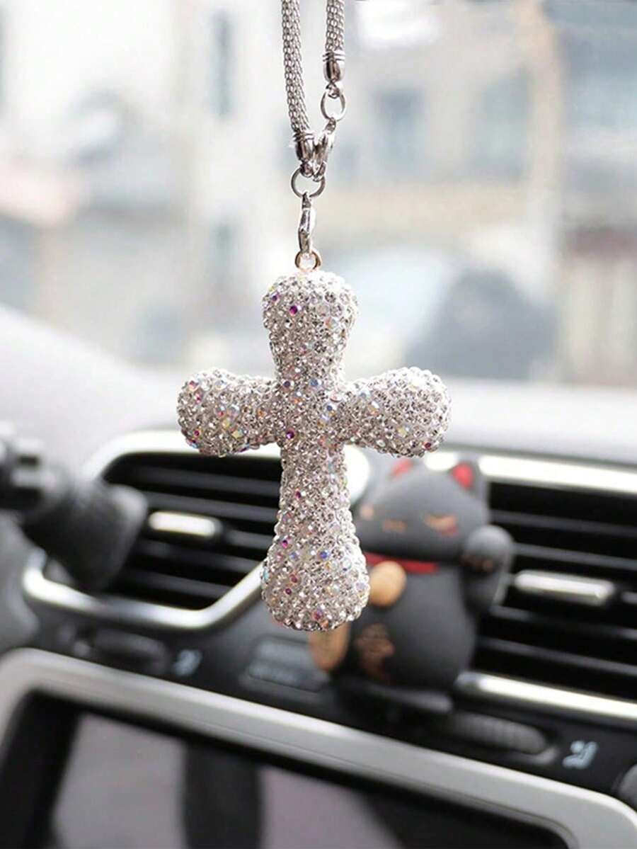 1pc Car Interior Pendant Rhinestone Cross Car Interior Rearview Mirror Decoration Car Interior Decoration Accessories
