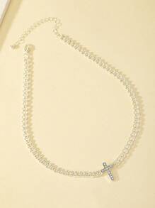 Feminine Fashion Elegant Cross Pendant Necklace Cold Style Simple Vintage Clavicle Chain - Silver - View 3