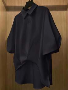 女式纯色不对称休闲短袖涤纶衬衫，夏季