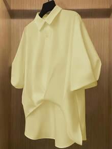 Women's Solid Color Short Sleeve Asymmetrical Fashion Polyester Casual Shirt, Summer - Yellow - View 3