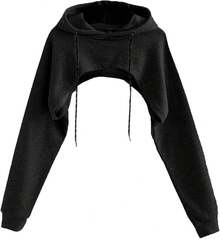 Women Crop Top Pullover Sweatshirt Long Sleeve Drawstring Hoodie - 黑色 - 查看 1