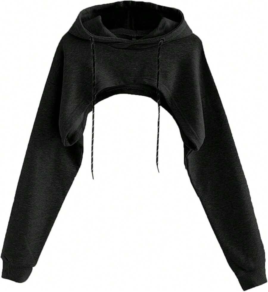 Women Crop Top Pullover Sweatshirt Long Sleeve Drawstring Hoodie - 黑色 - 查看 1