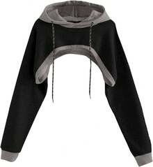 Women Crop Top Pullover Sweatshirt Long Sleeve Drawstring Hoodie - Black Brown-1 - View 1