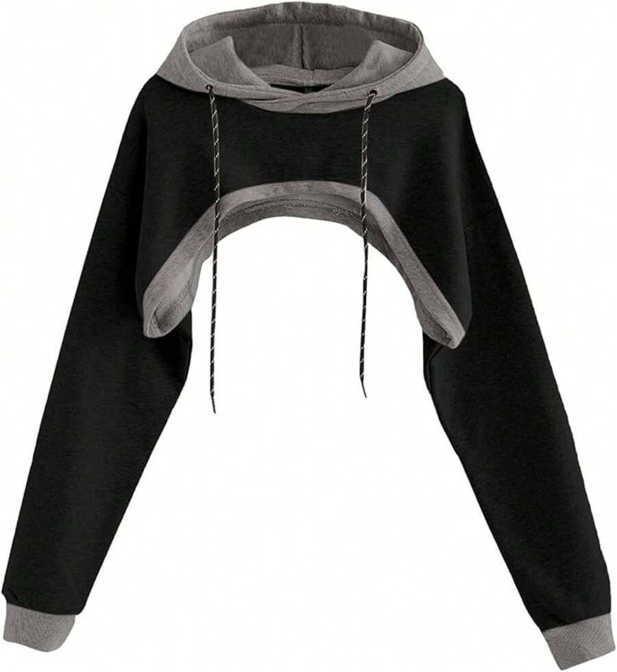 Women Crop Top Pullover Sweatshirt Long Sleeve Drawstring Hoodie - Black Brown-1 - View 1