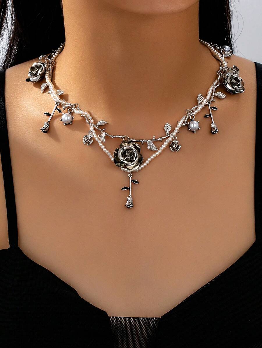1 件朋克风格吸血鬼哥特式玫瑰藤蔓吊坠手工珍珠串珠项链 - 哥特式万圣节女士珠宝