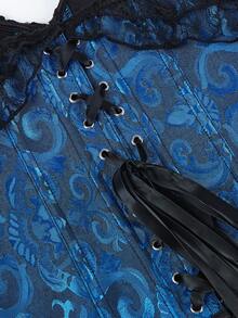 女式露肩提花褶饰腰部蕾丝吊带紧身胸衣上衣，适合新年派对、情人节、节日上衣、万圣节服装，复古 - 深藍 - 查看 5