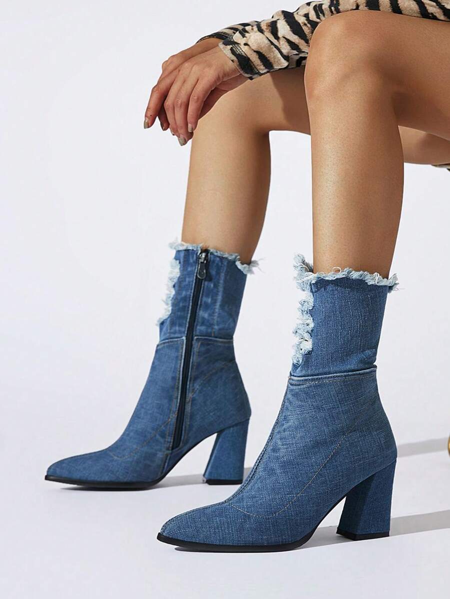 Women's Blue Denim Ankle Boots Pointed Toe Chunky High Heel Jeans Short Booties With Side Zipper Dress Shoes - xanh đậm - Xem 1