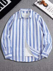 Teenage Boys' Striped Long Sleeve Casual Shirt, Fashion Collared Versatile Commuter Minimalist Korean Style