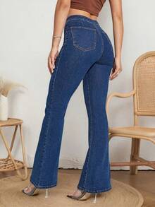 Jeans Mujer High Waist Flare Mezclilla Ultra Elástica Corte Ajustado en Cadera Acampanado - Azul Marino - Ver 5