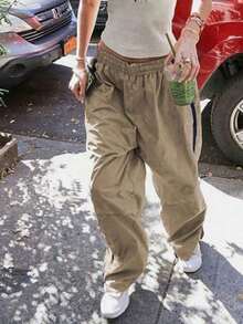 1pc Women's High Waist Solid Color Cargo Pants, Y2K Fashion Color Block Straight Leg Pants, Woven Fabric, Machine Washable, Suitable For All Seasons