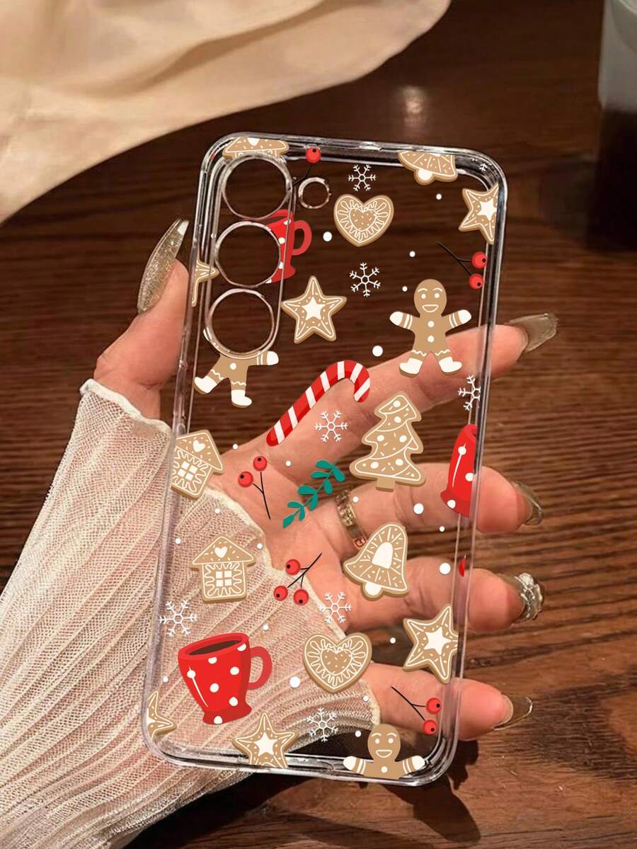 غطاء هاتف كوب قهوة ناعم متوافق مع 17/17 Air/17 Pro/17 Pro Max، Honor، Redmi، Galaxy A04e/12/A13/A14/A34/A50/A52/A53/A54/S21/S22/S23/S24/S25/S25Ultra، 6A/7A/8A، 12T/13T مزين بشجرة عيد الميلاد والثلج ورجل الزنجبيل باللون الأحمر