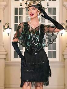 20世纪20年代复古亮片叶子刺绣披肩，复古透明闪亮斗篷披肩，优雅短款女士正式派对礼服披风