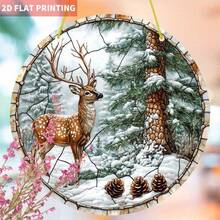 2D Flat, 2D Flat 1 Piece Winter Deer Catcher, 19.99x19.99 Cm Round Acrylic Logo, Stained Glass Style Window Pendant, Quiet Winter Wonderland Atmosphere, Suitable For Home, Office, Living Room, Christmas Gifts, 2D Flat Home Decor Christmas Decorations Room Decor