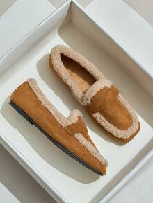 女装时尚2025秋冬新款毛绒保暖软底通勤平底棕黑色方头一脚蹬舒适百搭仿羊毛休闲复古乐福鞋 - 棕色 - 查看 4