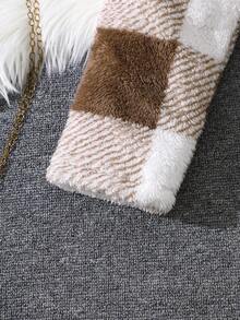 2pcs Girls Warm & Fashionable Outdoor Outfit, Long Sleeve Contrast Plaid Fuzzy Button Jacket And Autumn/Winter Suspender Dress