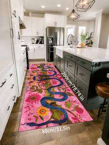 1pc Soft Pink Snake Skin Floral Anti-Slip Floor Mat - Machine Washable, Fashionable Decorative Rug For Living Room, Balcony Or Cafe Hallway, Living Room Carpet