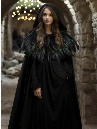男女通用纯色天鹅绒成人全长连帽长袍斗篷搭配经典哥特式羽毛斗篷套装万圣节服装