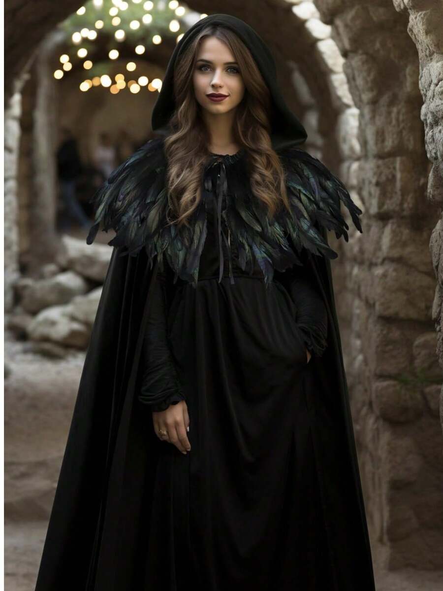 男女通用纯色天鹅绒成人全长连帽长袍斗篷搭配经典哥特式羽毛斗篷套装万圣节服装 - 彩色 - 查看 1