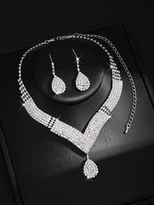 3pcs Women's Rhinestone Waterdrop Necklace, Earrings & Bracelet Set, Elegant Bridal Jewelry For Wedding Season Valentine's Day Accessories - Silver - View 4
