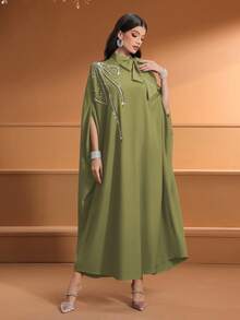 Áo choàng Abaya Ả Rập thanh lịch đính cườm và thêu tinh xảo, cổ áo cà vạt màu trơn dành cho nữ - Quả xanh - Xem 6