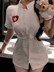Sexy Nurse Uniform Cosplay Doctor Nurse High Collar Button Front Sequin Heart T-Shirt Dress Hairpin Cute Cosplay Women's Party - White - View 8