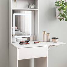 HOMCOM Small Dressing Table With Mirror, Adjustable LED Lights, Drop Leaf Side, Vanity Desk With Open Shelves And Drawer, Compact Makeup Table For Small Spaces, Bedroom, White - White - View 9