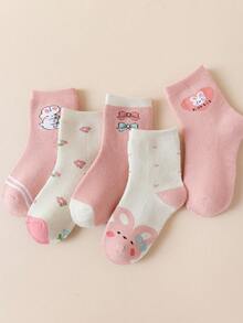 5 Pairs Girls' Mid-Calf Socks, Pink, White, Light Blue, Solid Color, Contrast Color, Cartoon Rabbit, Letter, Flower, Heart, Bow Decor, Autumn/Winter, Soft & Warm Thick, Simple Style, Cute, Fashionable, Versatile For Daily Wear - Multicolor - View 2