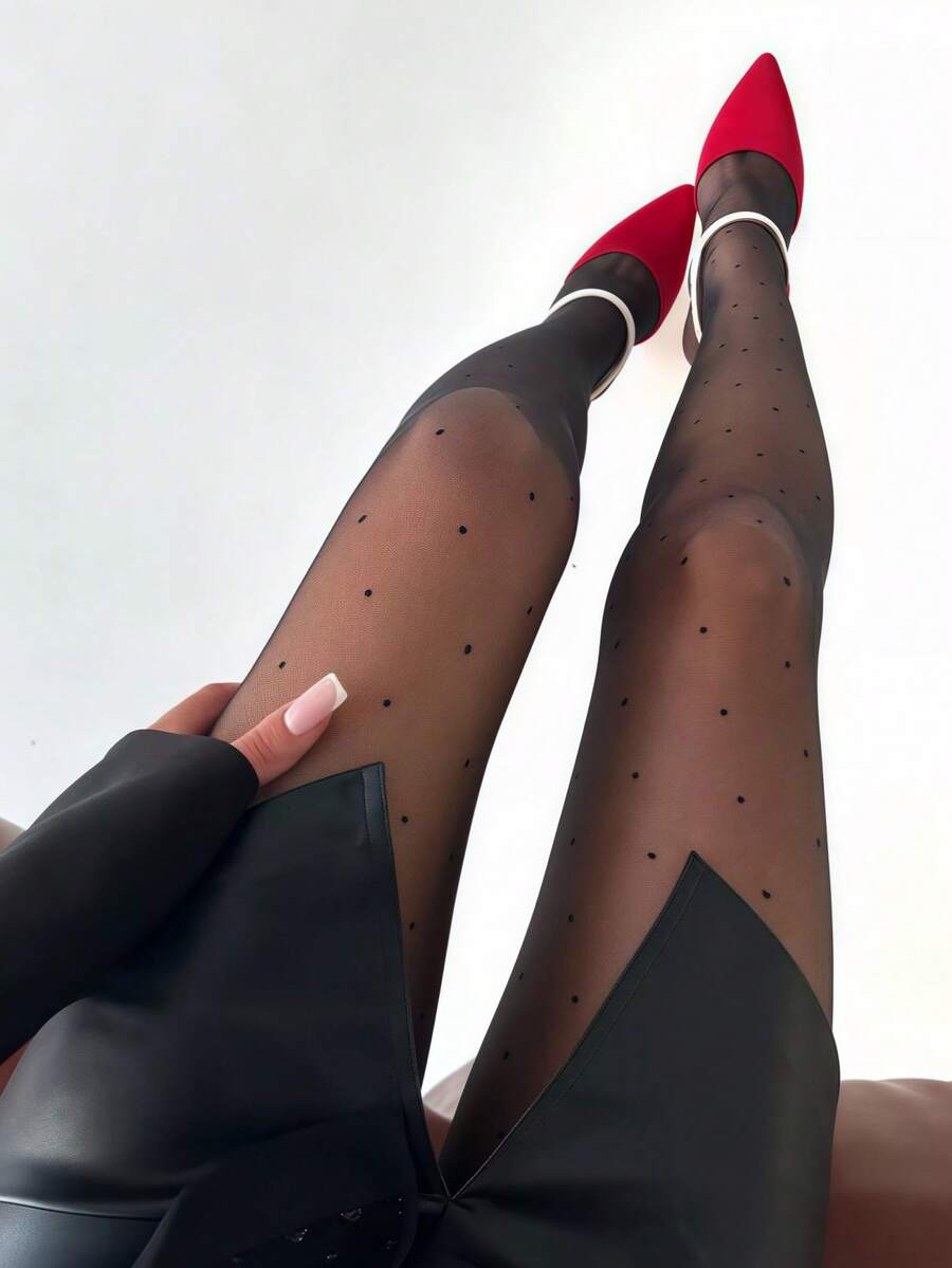 1件装女士超薄透气波点透明连裤袜圣诞礼物 - 黑色 - 查看 1