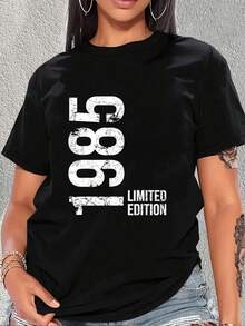 Camiseta de edición limitada para mujer con estampado gráfico desgastado de 1985. Cómoda y elegante camiseta para uso diario. Tejido suave. Regalo perfecto. Diseño moderno y único. - Negro - Ver 1