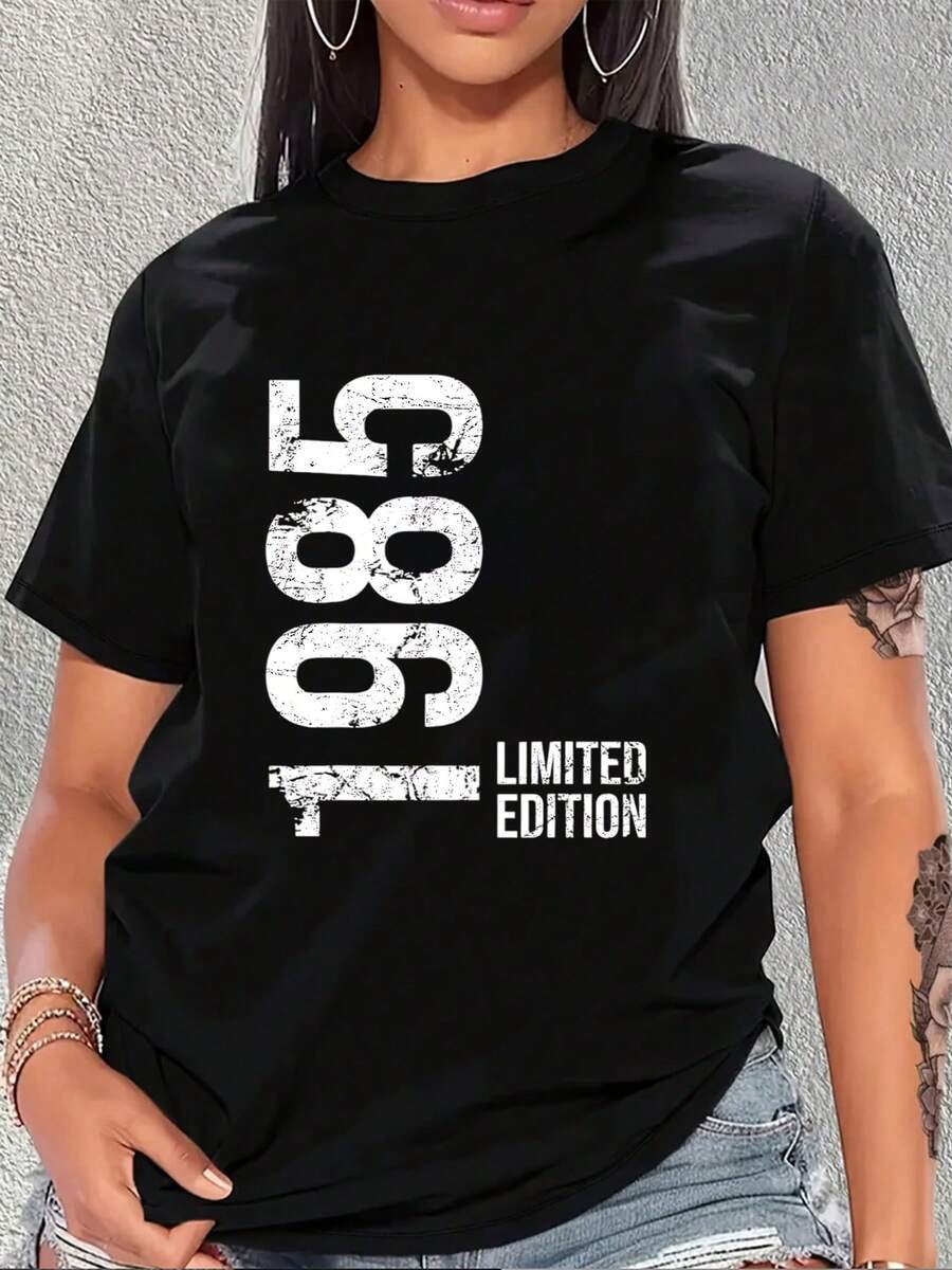 Camiseta de edición limitada para mujer con estampado gráfico desgastado de 1985. Cómoda y elegante camiseta para uso diario. Tejido suave. Regalo perfecto. Diseño moderno y único. - Negro - Ver 1