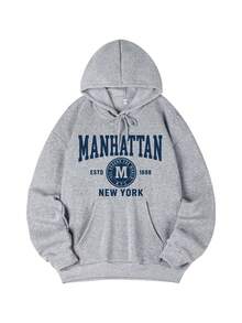 女士休闲时尚蓝色字母印花卫衣，时尚百搭，适合日常穿着，秋冬季 - 深花灰 - 查看 5