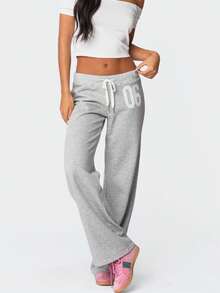 Women's Barrel Leg Sweatpant Drawstring Elastic Waisted Wide Leg Pants Casual Cotton Palazzo Trousers - 灰色 - 查看 5