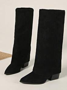 秋冬卡其色阔腿裤女筒靴，2024年夏季新品，尖头直筒高筒靴，西部牛仔靴，及膝靴 - 黑色 - 查看 8