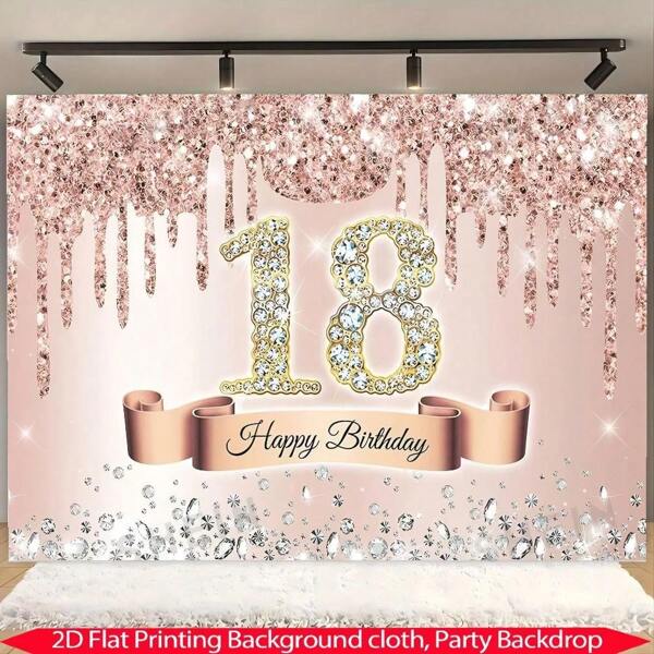 1 pièce Bannière de fond de fête d'anniversaire 18 ans en or rose, décoration de fête d'anniversaire rose scintillante avec diamants, en matériau polyester, convient pour la décoration de fête d'anniversaire, les activités de célébration, le fond de table de gâteau, convient pour la décoration d'ameublement intérieur/extérieur, le jardin, la cour, thème universel