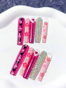 10pcs Y2K Handmade Extended Coffin-Shaped Pink Star & Cute Bear French Press-On Nail Stickers, Pink Star Pattern, Black Heart, Full Rhinestone Covered, Luxury Glitter; Nail Art Supplies, Acrylic Press-On Nail Stickers, DIY Nails, Nail Art, Acrylic Fake Nails; Suitable For Vacation, Birthday, Party, Daily Wear; Includes 1pc Nail Sticker Sheet And 1pc Mini Nail File - Pink - View 2